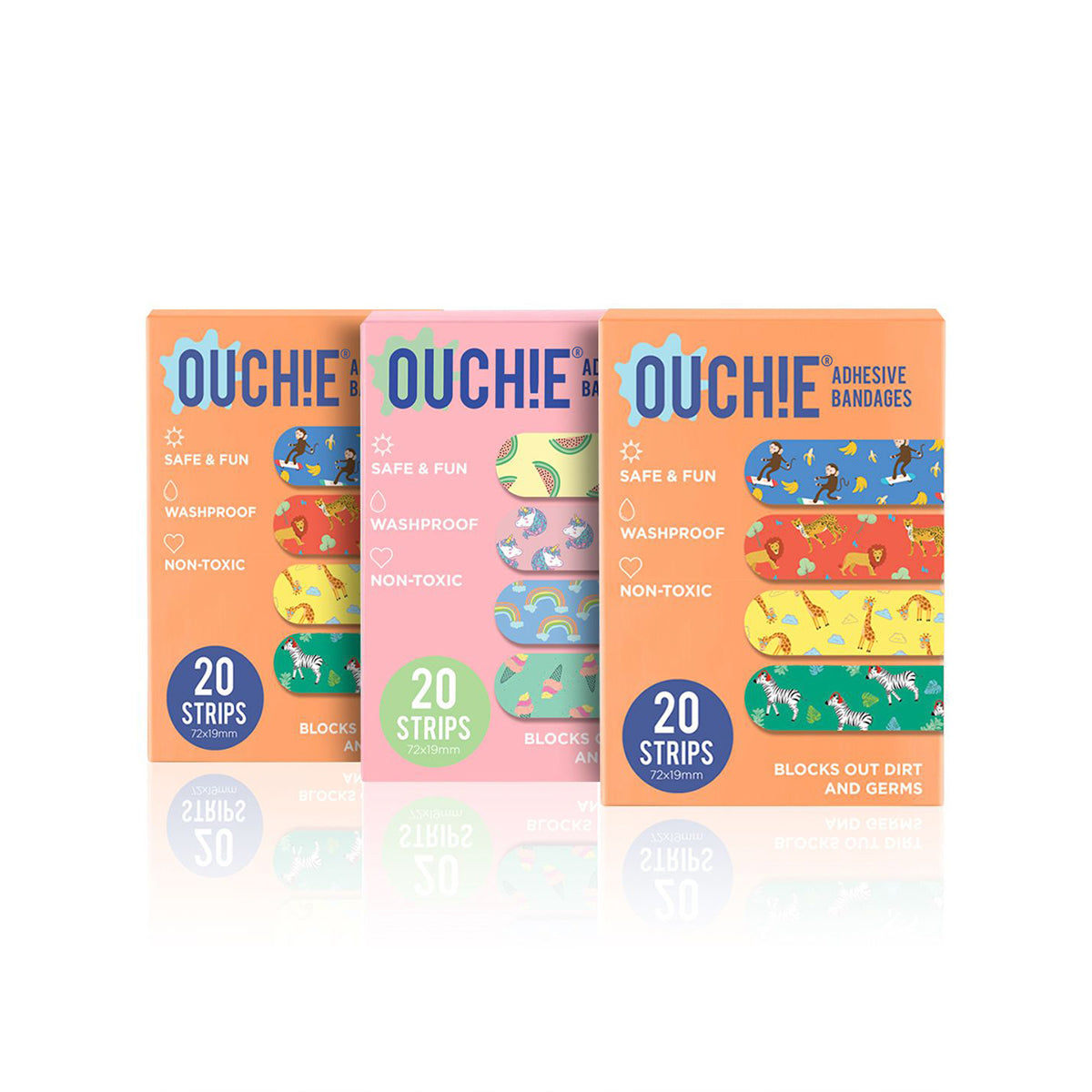 'Ouchie Printed Bandages'  Combo Pack of 3 (20 x 3 = 60) (2 Orange & 1 Pink)