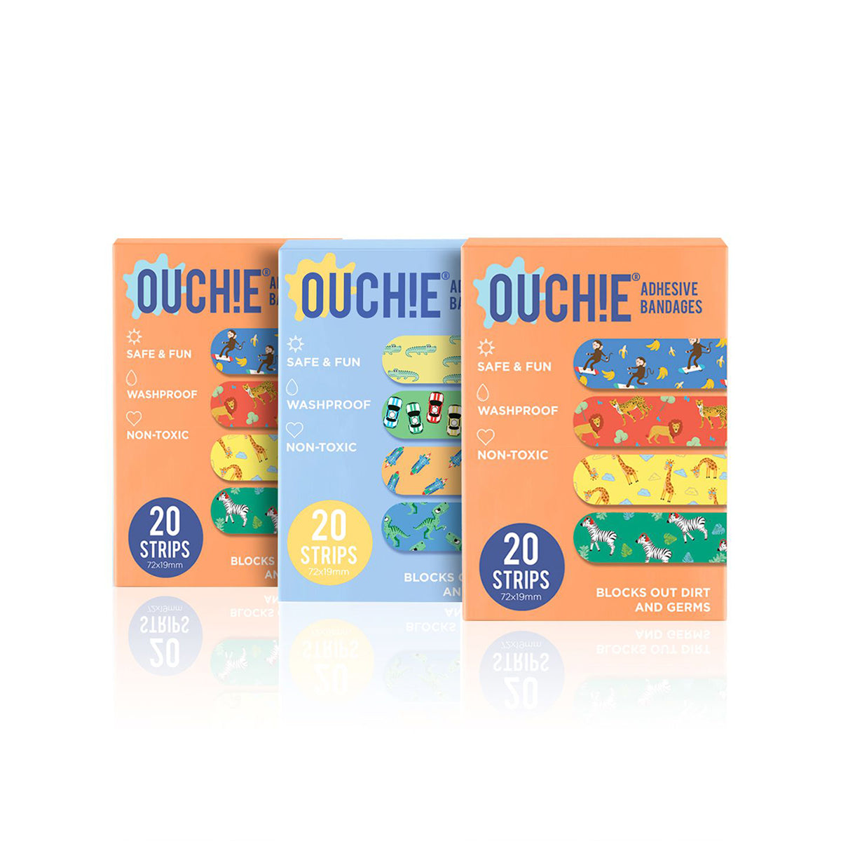 'Ouchie Printed Bandages'  Combo Pack of 3 (20 x 3 = 60) (2 Orange & 1 Blue)