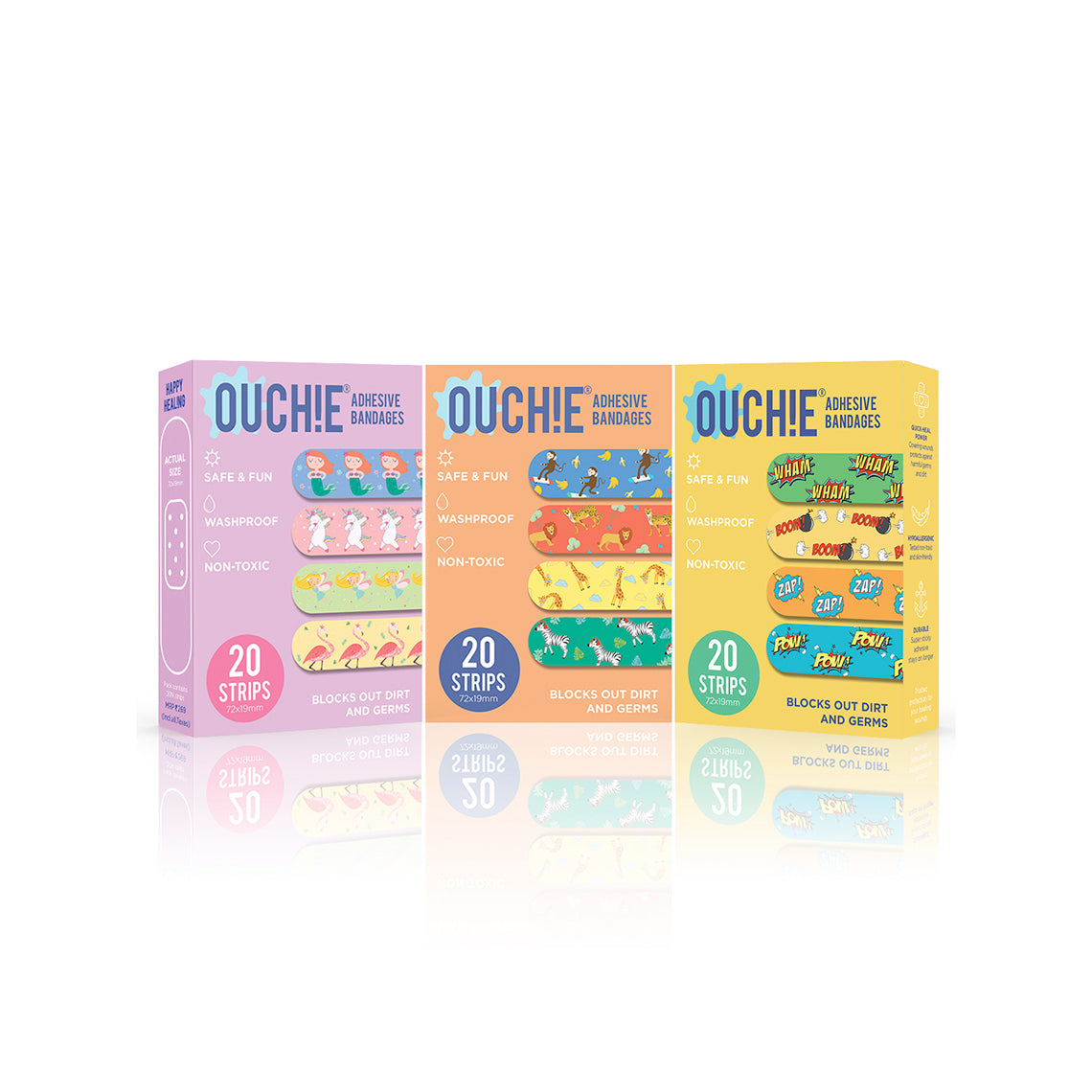 Ouchie Non-Toxic Printed Triple Combo (60 Pack) - Lavender, Orange, Yellow