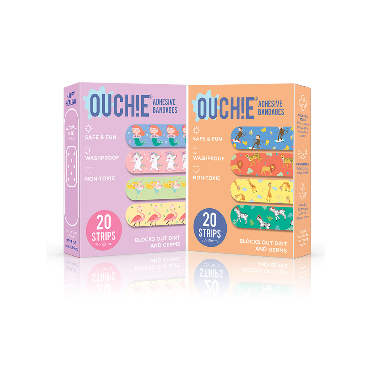 Ouchie Non-Toxic Printed Bandages COMBO Set of 2 (2 x 20= 40 Pack)- (LAVENDER & ORANGE)