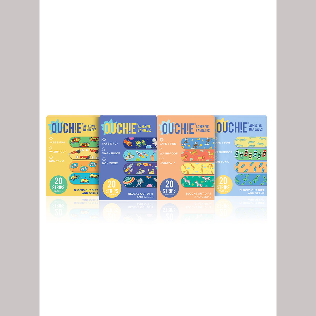 AYA PAPAYA Ouchie NON-TOXIC Printed JUMBO Pack (80 PACK) - Yellow, Space Blue, Orange, Blue
