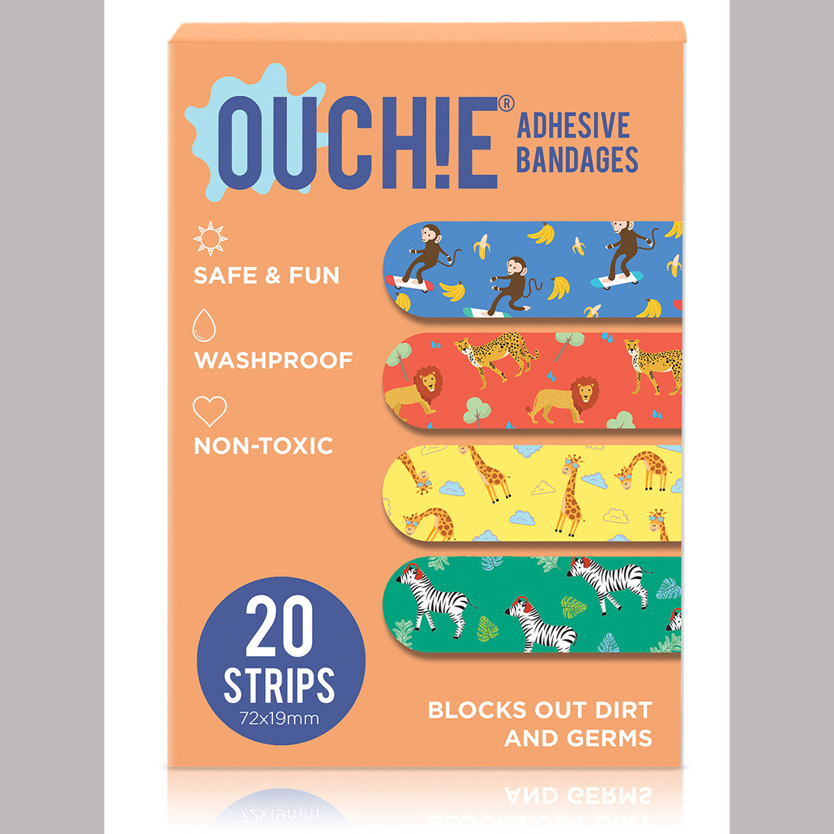 AYA PAPAYA Ouchie NON-TOXIC Printed JUMBO Pack (80 PACK) - Yellow, Space Blue, Orange, Lavender
