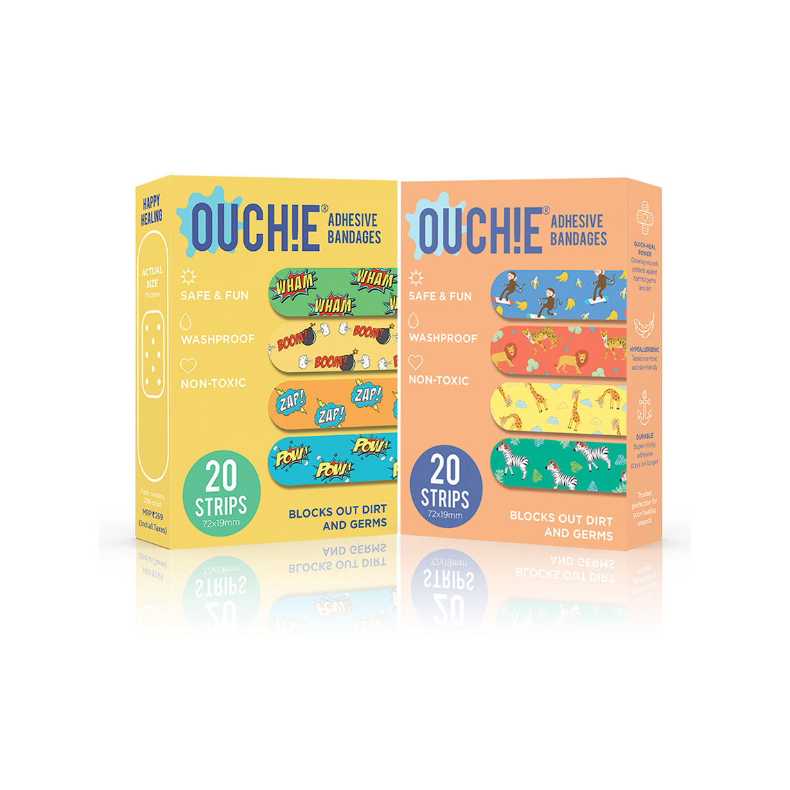 Ouchie Non-Toxic Printed Bandages Combo Set of 2 (40 Pack) - Yellow & Orange