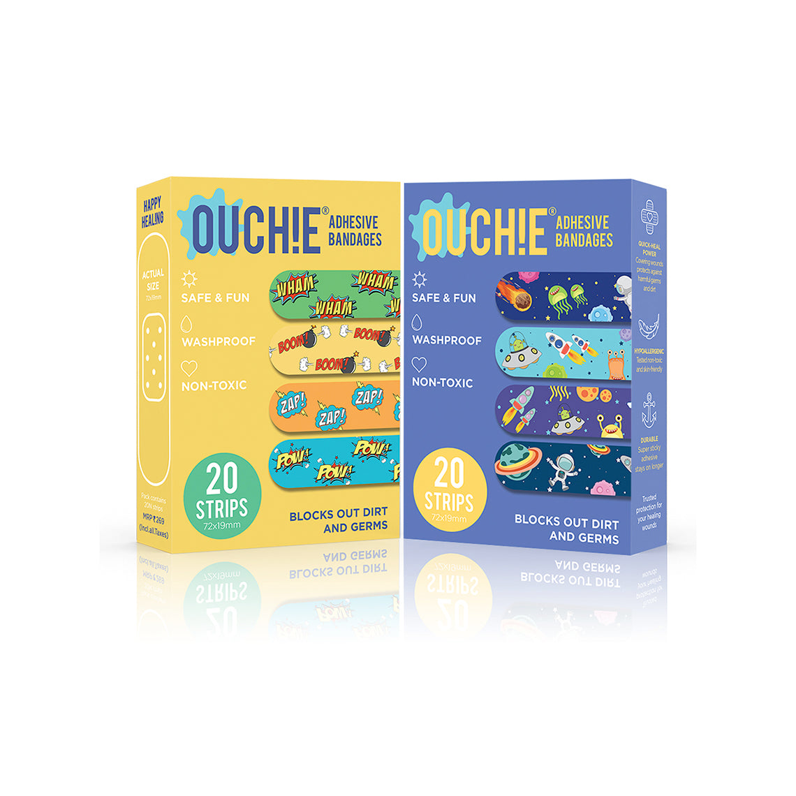 Ouchie Non-Toxic Printed Bandages Combo Set of 2 (40 Pack) - Yellow & Space Blue