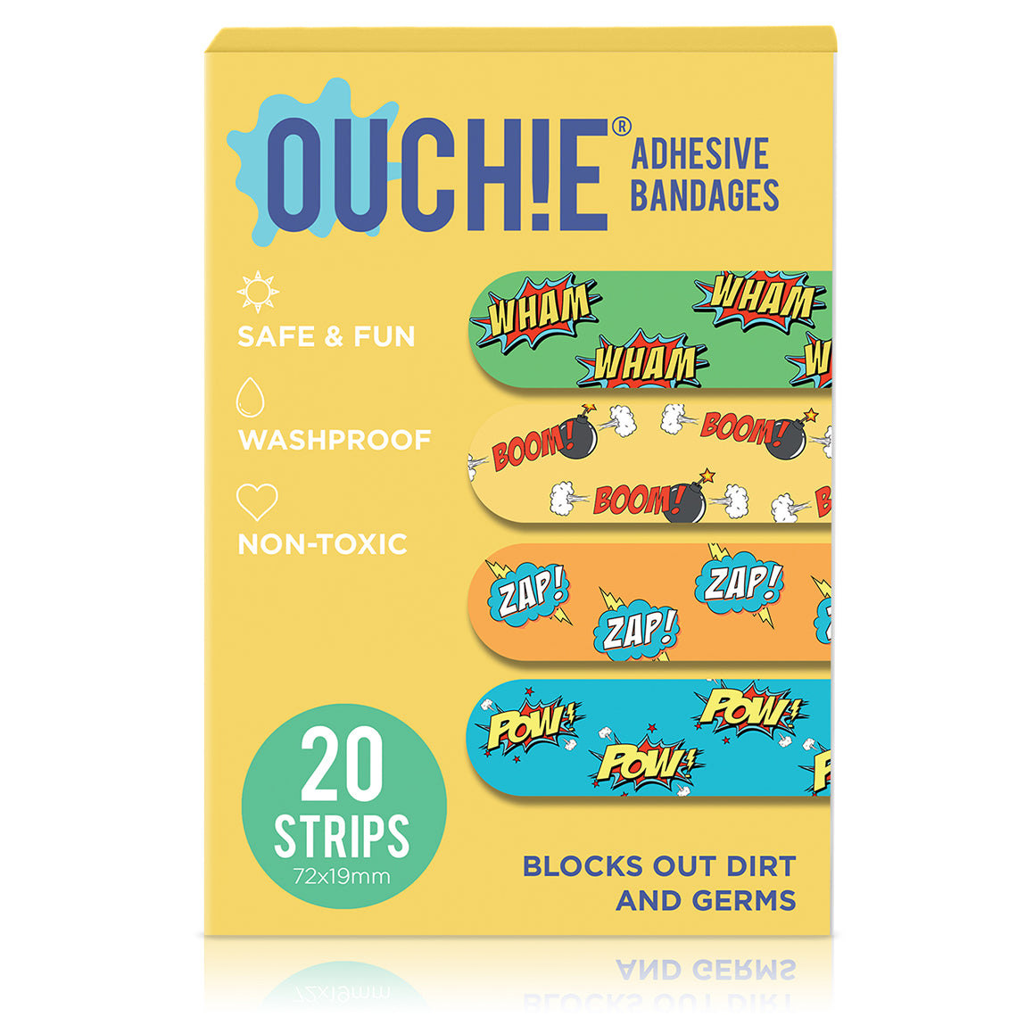 Ouchie Non-Toxic Printed Bandages Combo Set of 2 (40 Pack) - Yellow & Space Blue