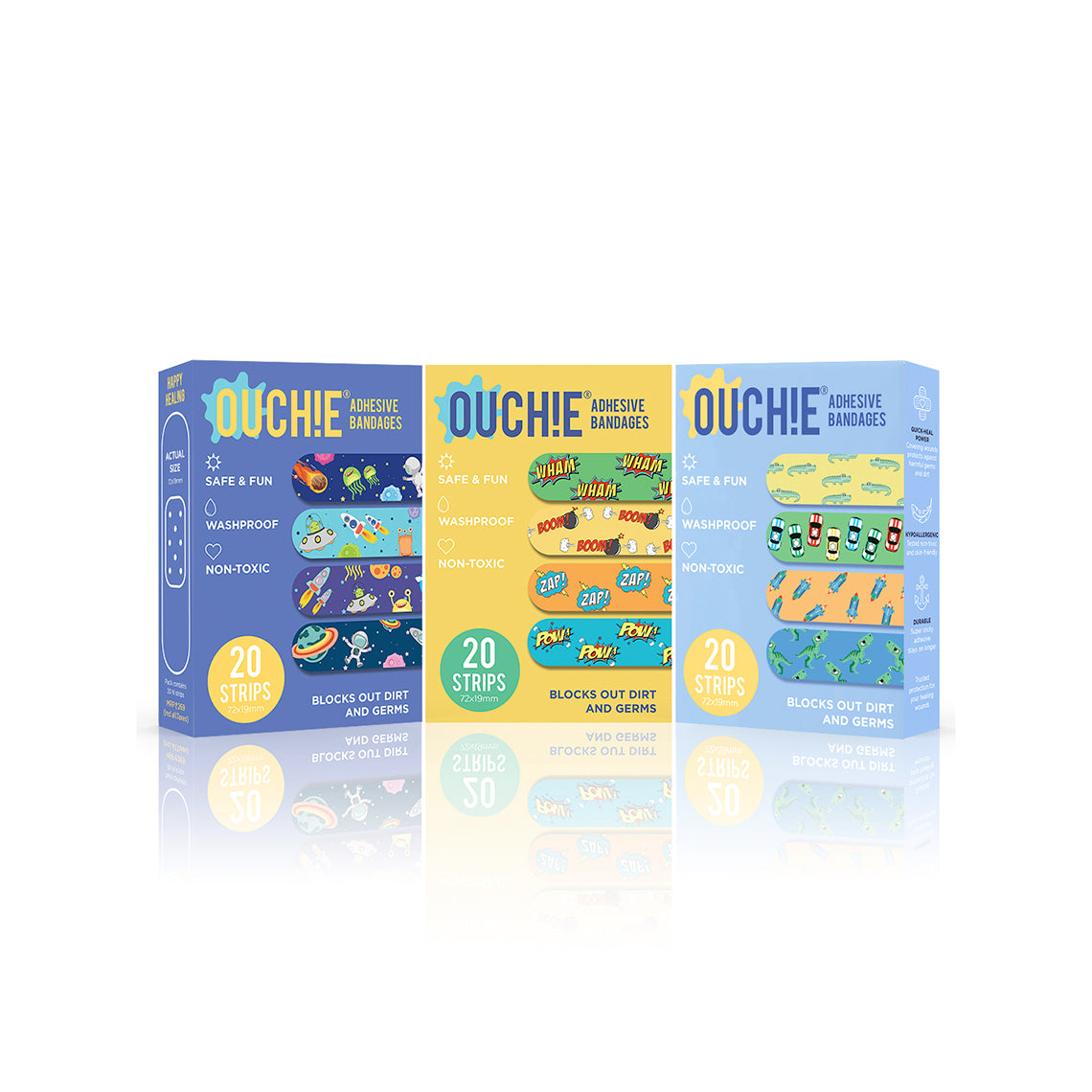 Ouchie Non-Toxic Printed Triple Combo (60 Pack) - Space Blue, Yellow, Blue