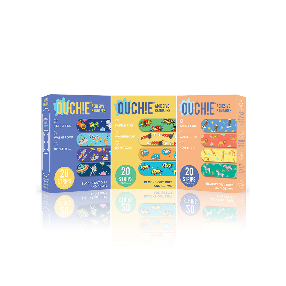 Ouchie Non-Toxic Printed Triple Combo (60 Pack) - Space Blue, Yellow, Orange