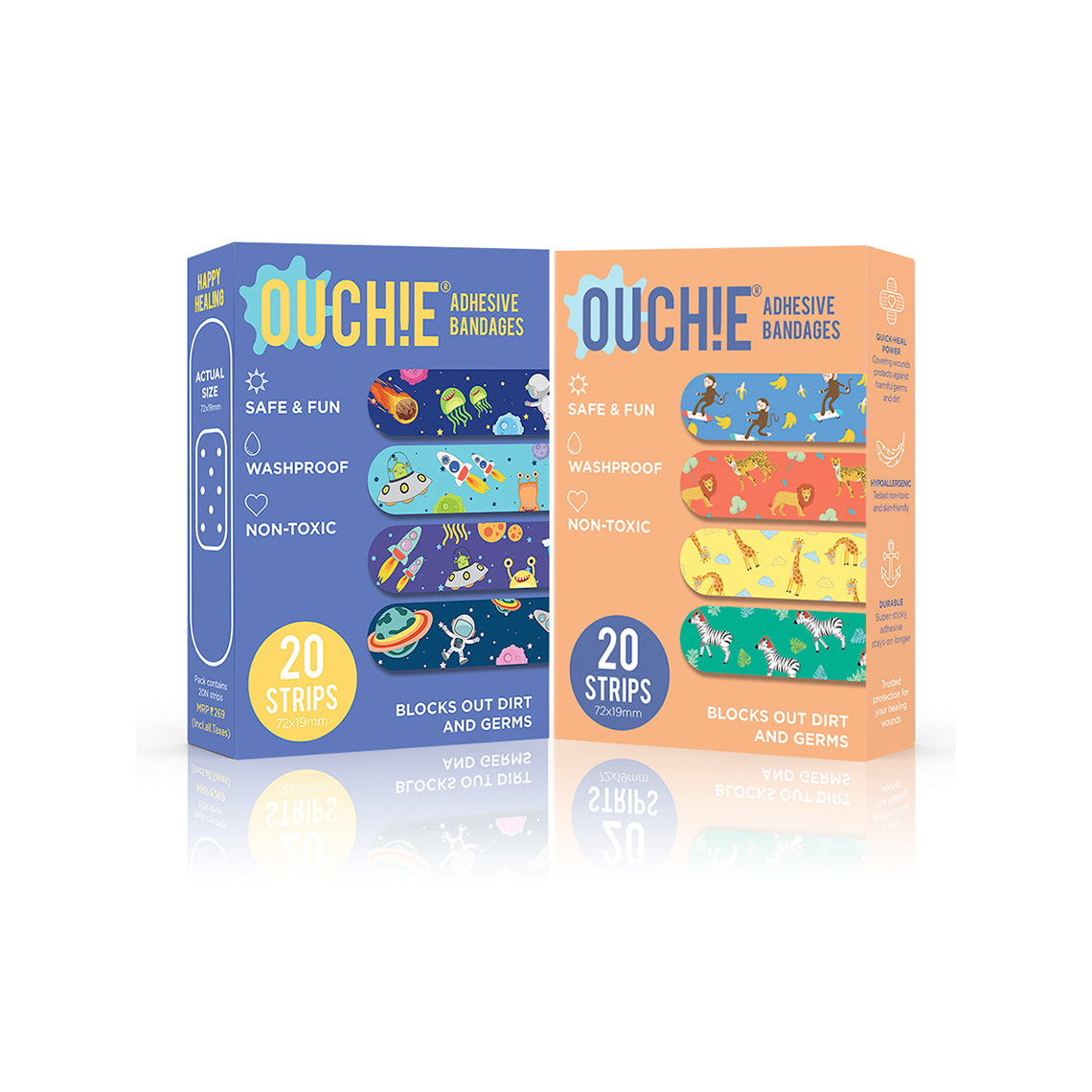 Ouchie Non-Toxic Printed Bandages Combo Set of 2 (40 Pack) - Space Blue & Orange