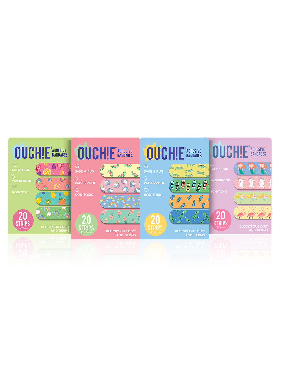 Ouchie Non-Toxic Printed Bandages Jumbo Pack (80 Pack) - Lime Green, Pink, Blue & Lavender
