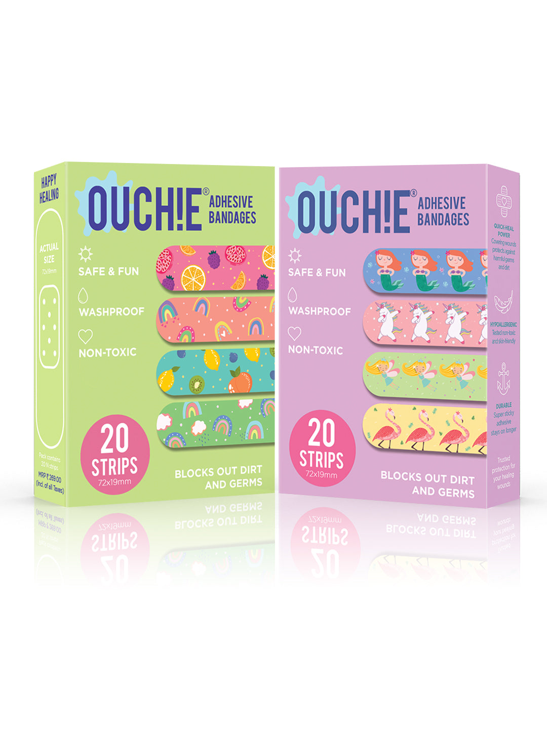 Ouchie Non-Toxic Printed Bandages Double Combo Set (40 Pack) - Lime Green & Lavender