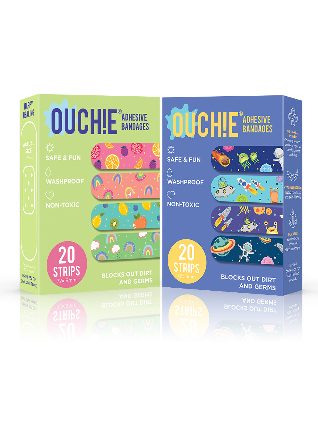 Ouchie Non-Toxic Printed Bandages Double Combo Set (40 Pack) - Lime Green & Space Blue