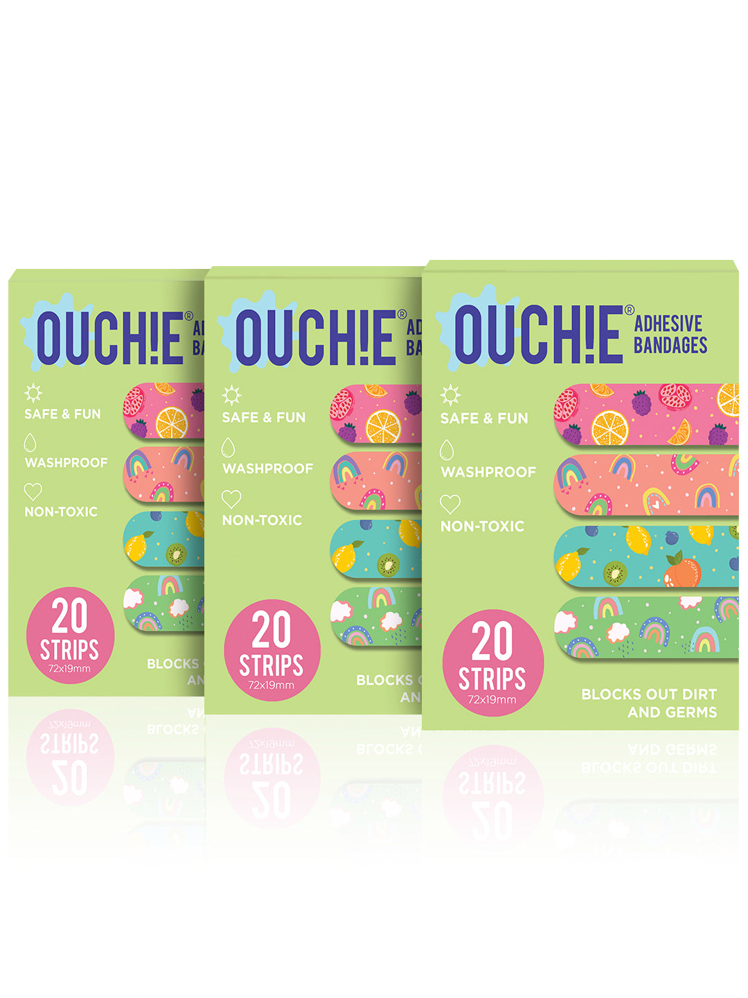 Ouchie Non-Toxic Printed Bandages Triple Combo - (40 Pack) - 2 X Lime Green
