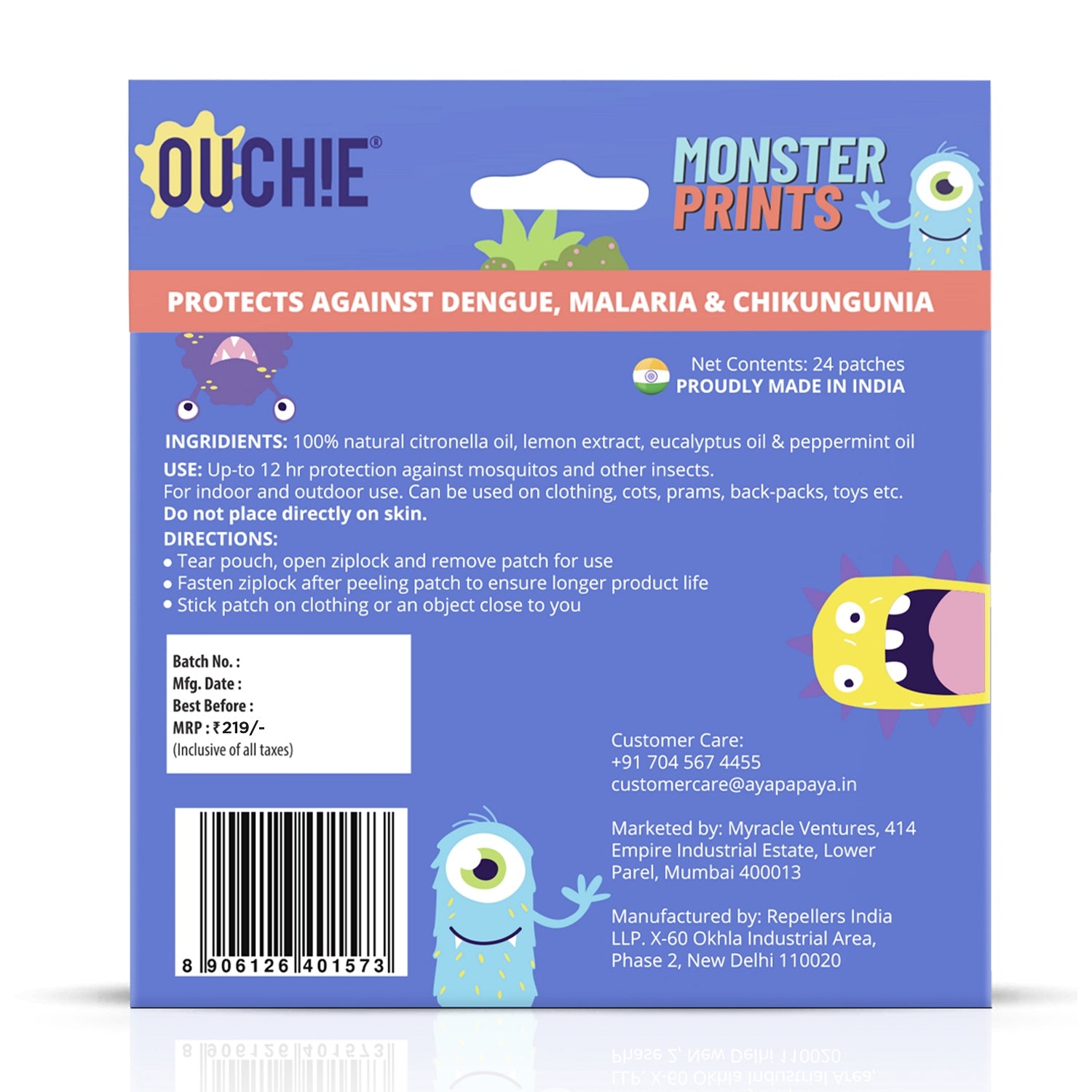 Ouchie Monster Print Mosquito Repellent Patches 100% Natural (Pack 2 = 48 Patches)