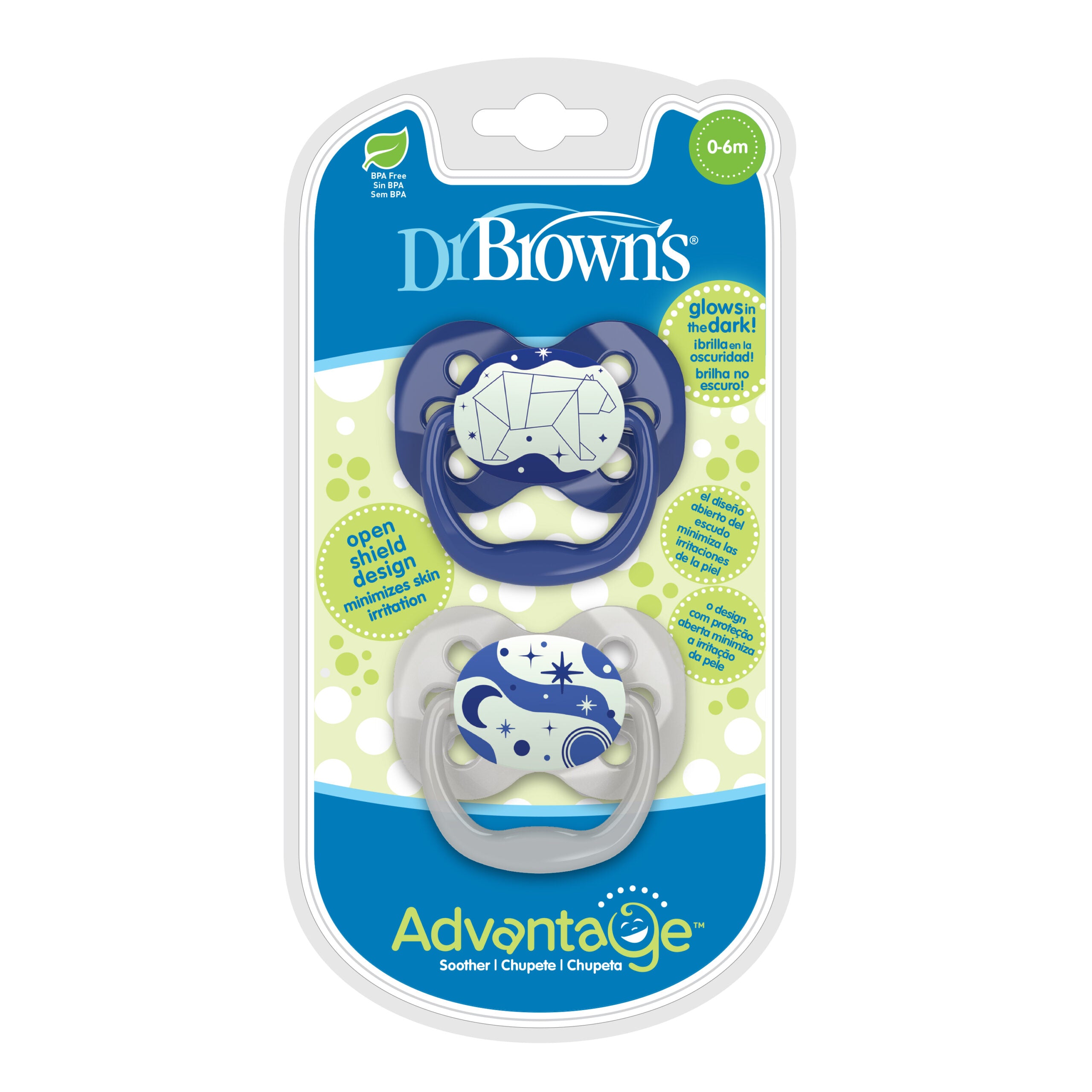 Dr. Brown's Advantage Pacifiers, Stage 1, Glow in the Dark, Pack of 2 - Blue