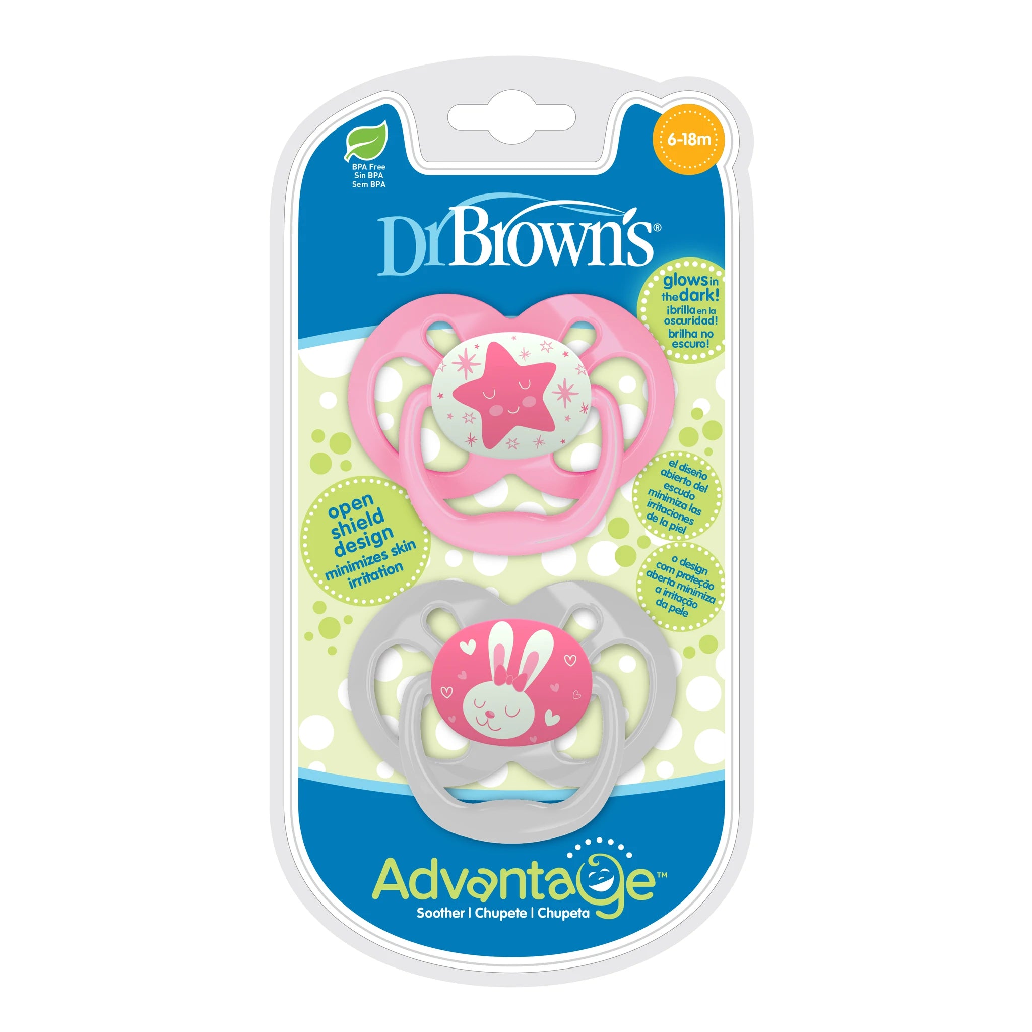 Dr. Brown's Advantage Pacifiers, Stage 2, Glow in the Dark, Pack of 2 - Pink