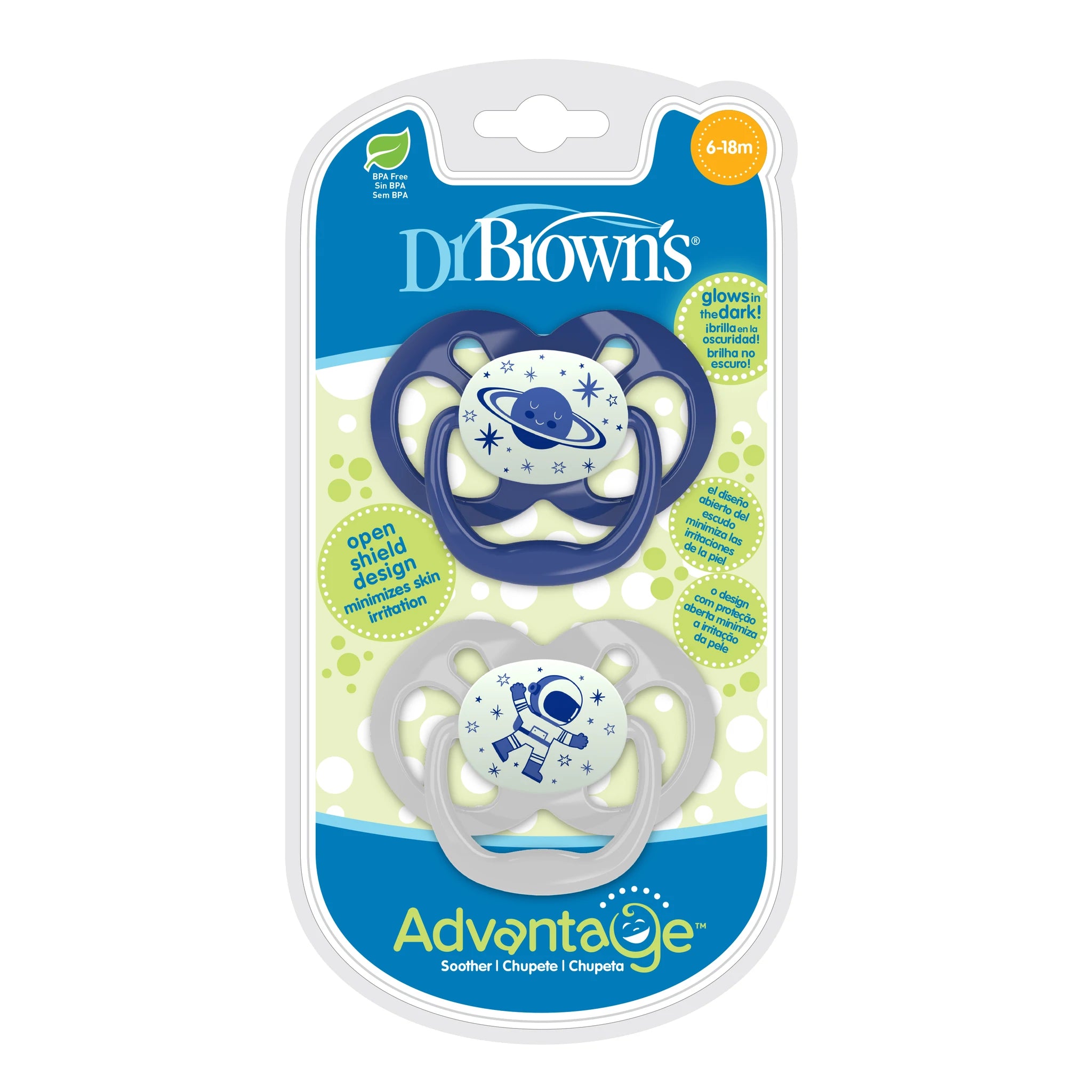 Dr. Brown's Advantage Pacifiers, Stage 2, Glow in the Dark, Pack of 2- Blue