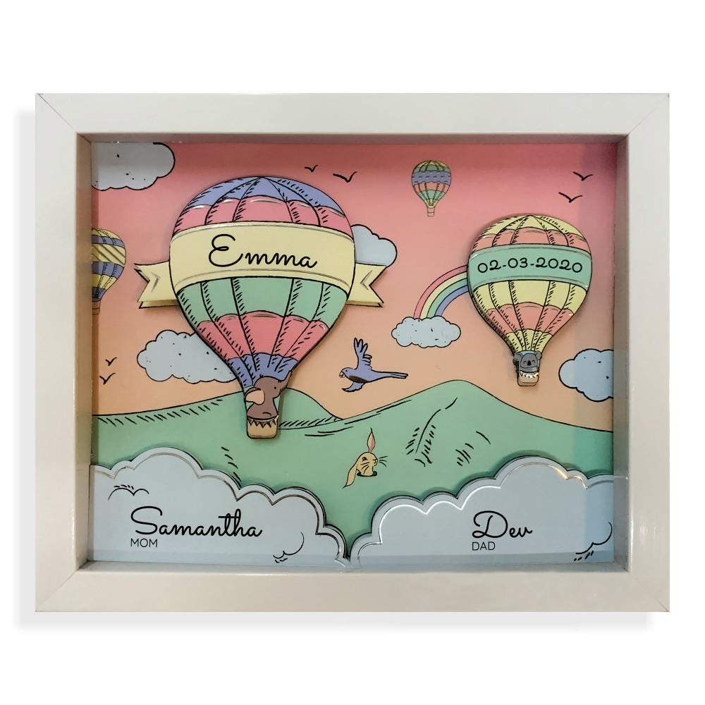 Shadow Box Frame with Silver Foil - Coral Hot Air Balloon