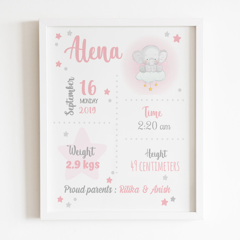 Birth Statistics Frame - Elephant Theme - Pink