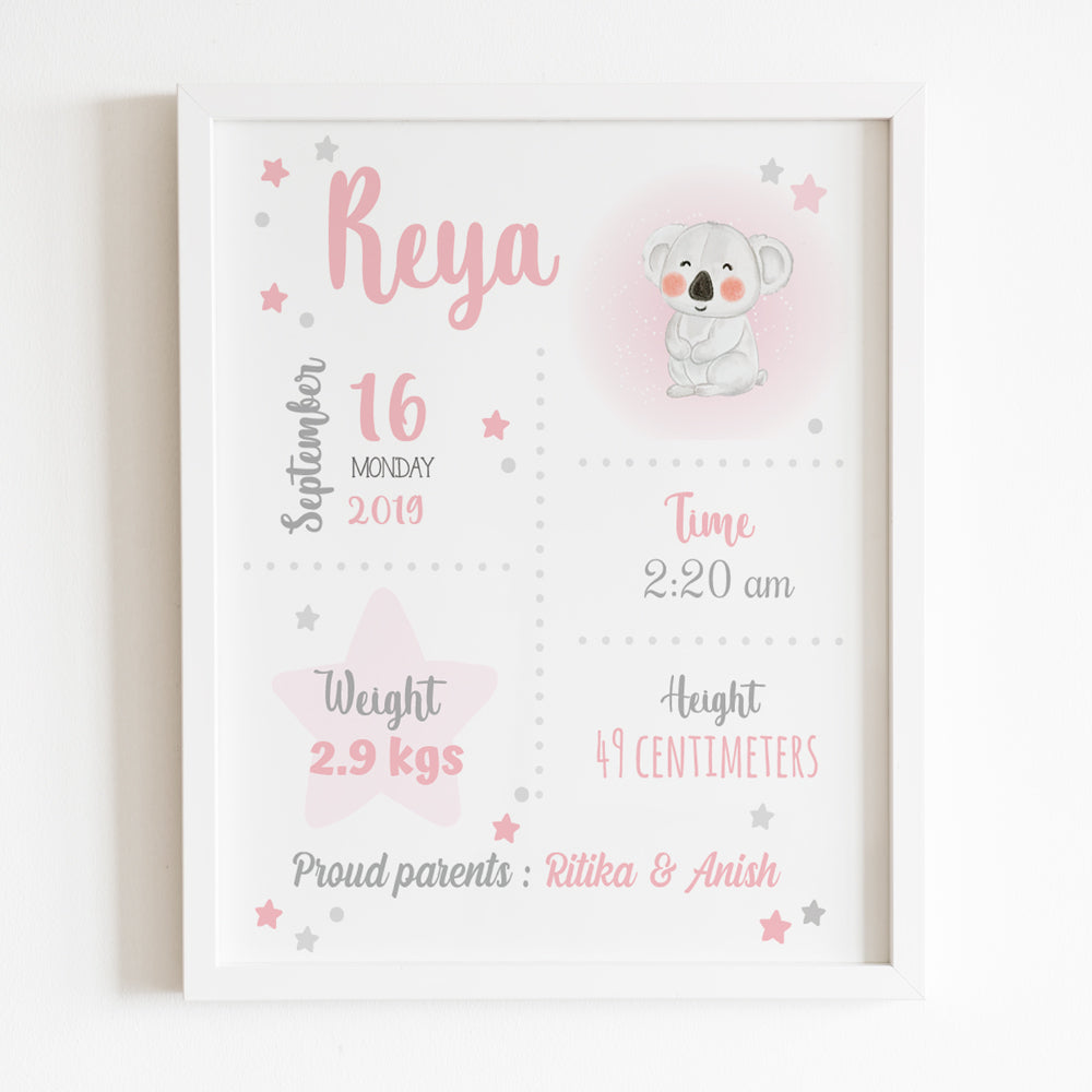 Birth Statistics Frame - Koala Theme - Pink