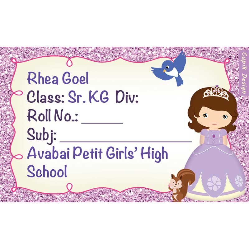 Personalised School Book Labels - Purple Princess, Pack of 20