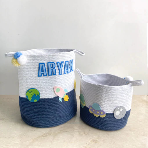 SOLAR SYSTEM NAVY ROPE PERSONALISED STORAGE BASKET - SET OF 2