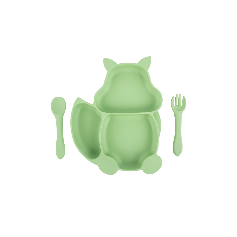 Silicone Squirrel Plate With Suction + Spoon And Fork Set  - Green