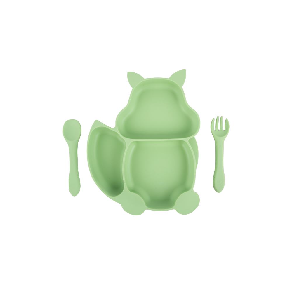 Silicone Squirrel Plate With Suction + Spoon And Fork Set - Green