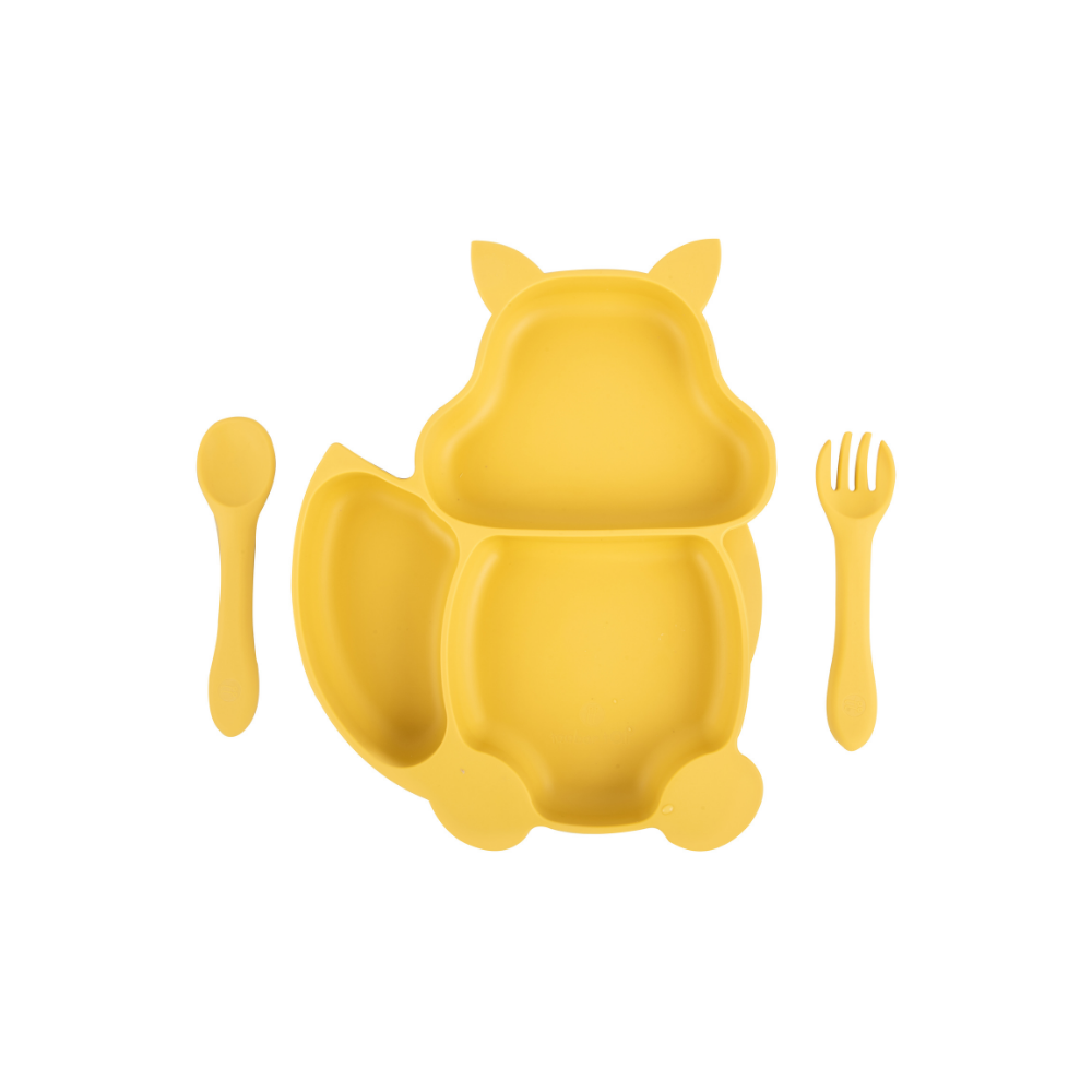 Silicone Squirrel Plate With Suction + Spoon And Fork Set  - Yellow