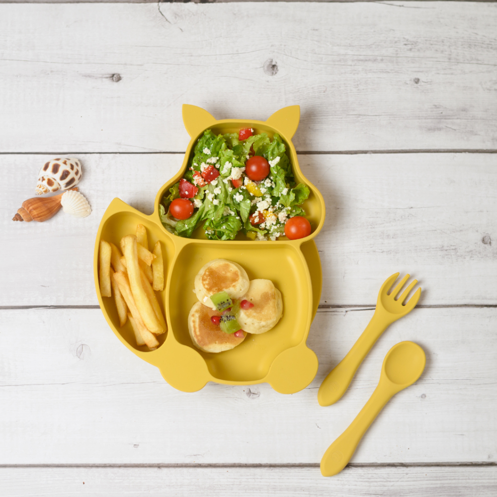 Silicone Squirrel Plate With Suction + Spoon And Fork Set  - Yellow