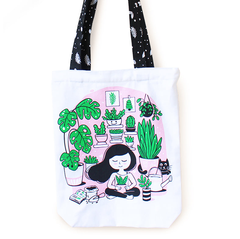 Reusable Eco Friendly Canvas Tote Bag with Zippered Closure Front Back Illustrations - Crazy Plant Lady