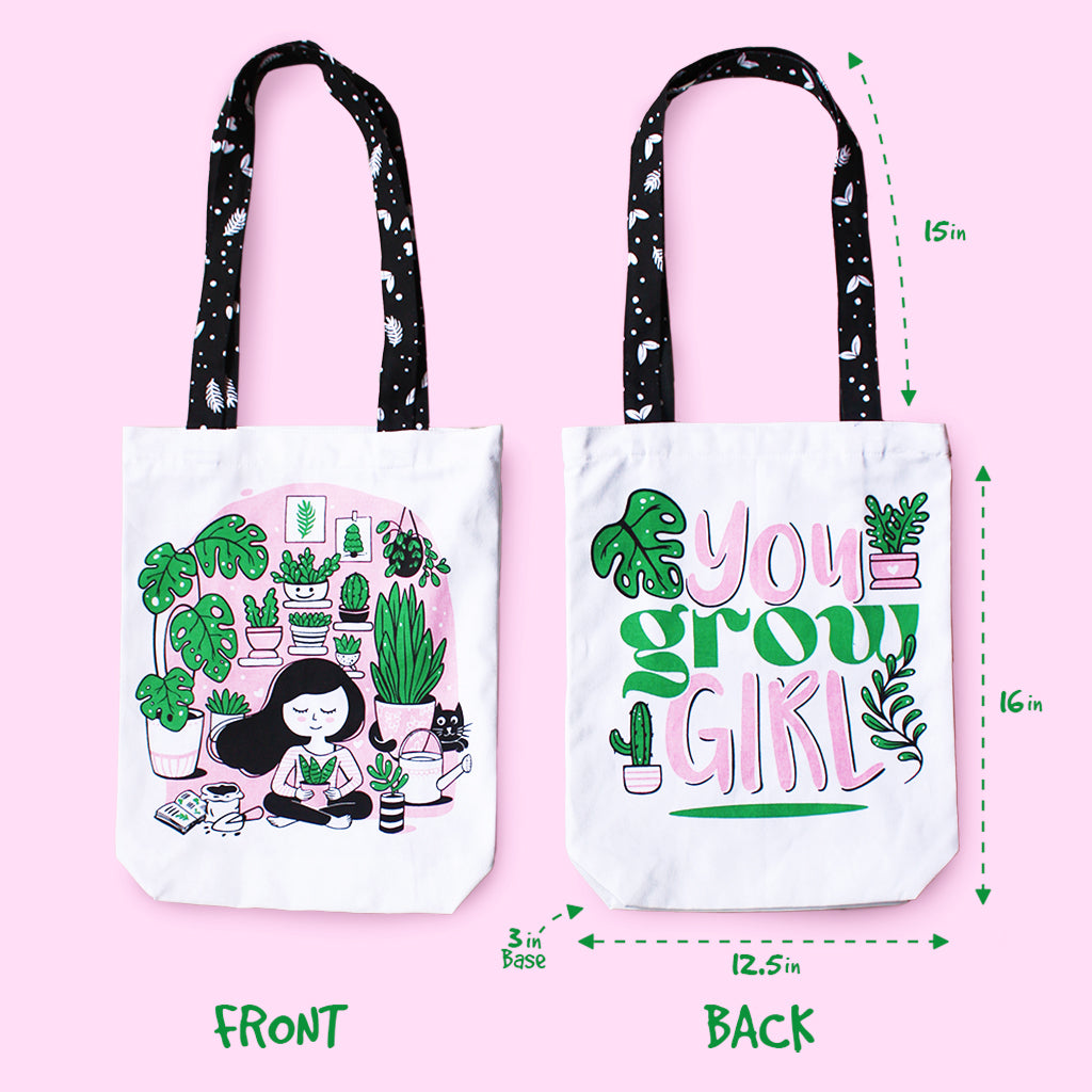 Reusable Eco Friendly Canvas Tote Bag with Zippered Closure Front Back Illustrations - Crazy Plant Lady