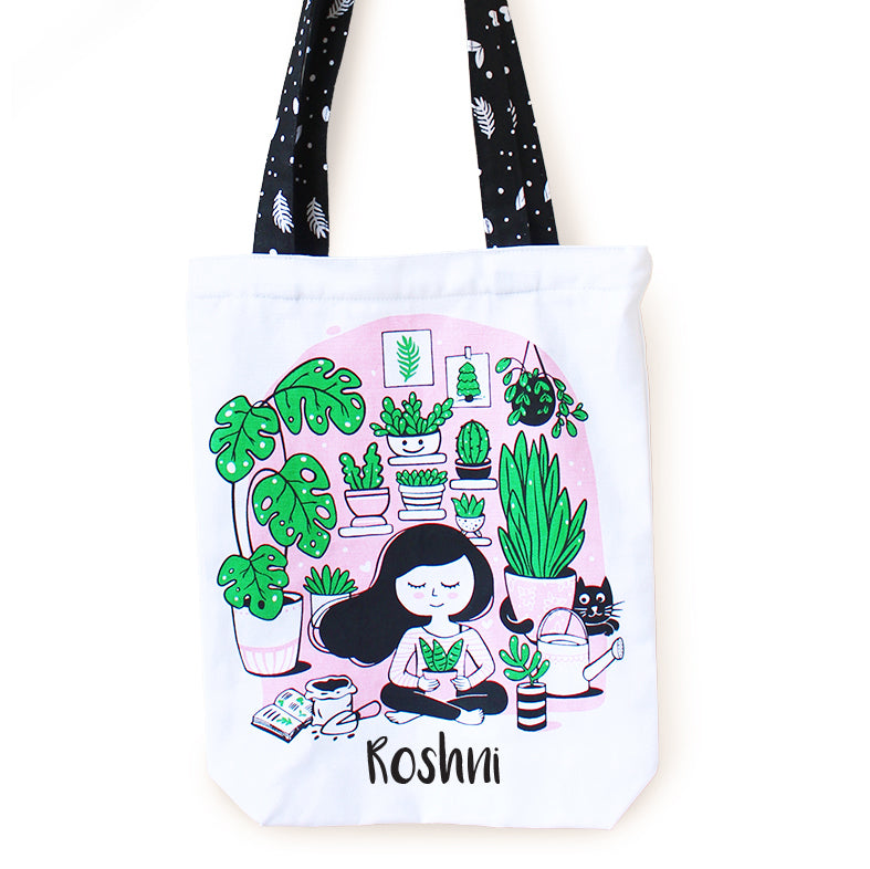 Reusable Eco Friendly Canvas Tote Bag with Zippered Closure Front Back Illustrations - Crazy Plant Lady