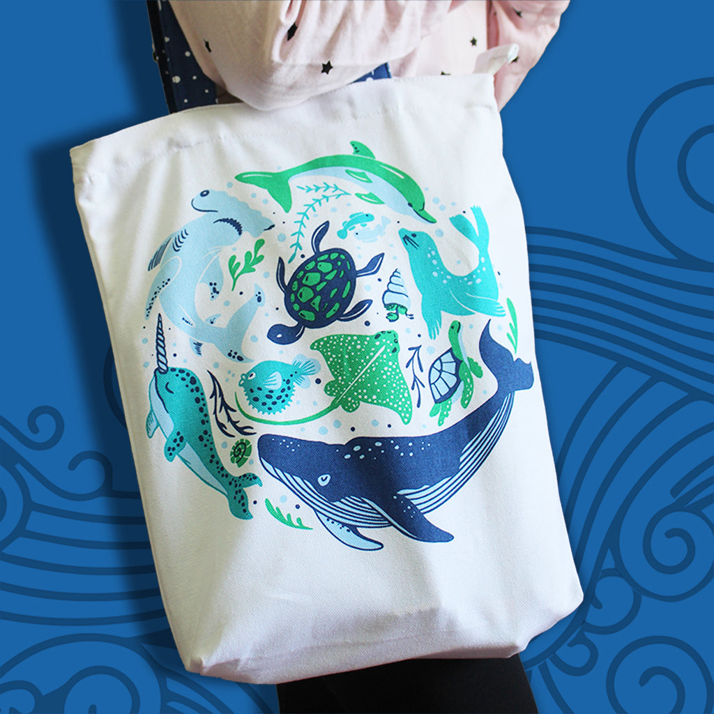 Reusable Eco Friendly Canvas Tote Bag with Zippered Closure Front Back Illustrations - Save The Seas