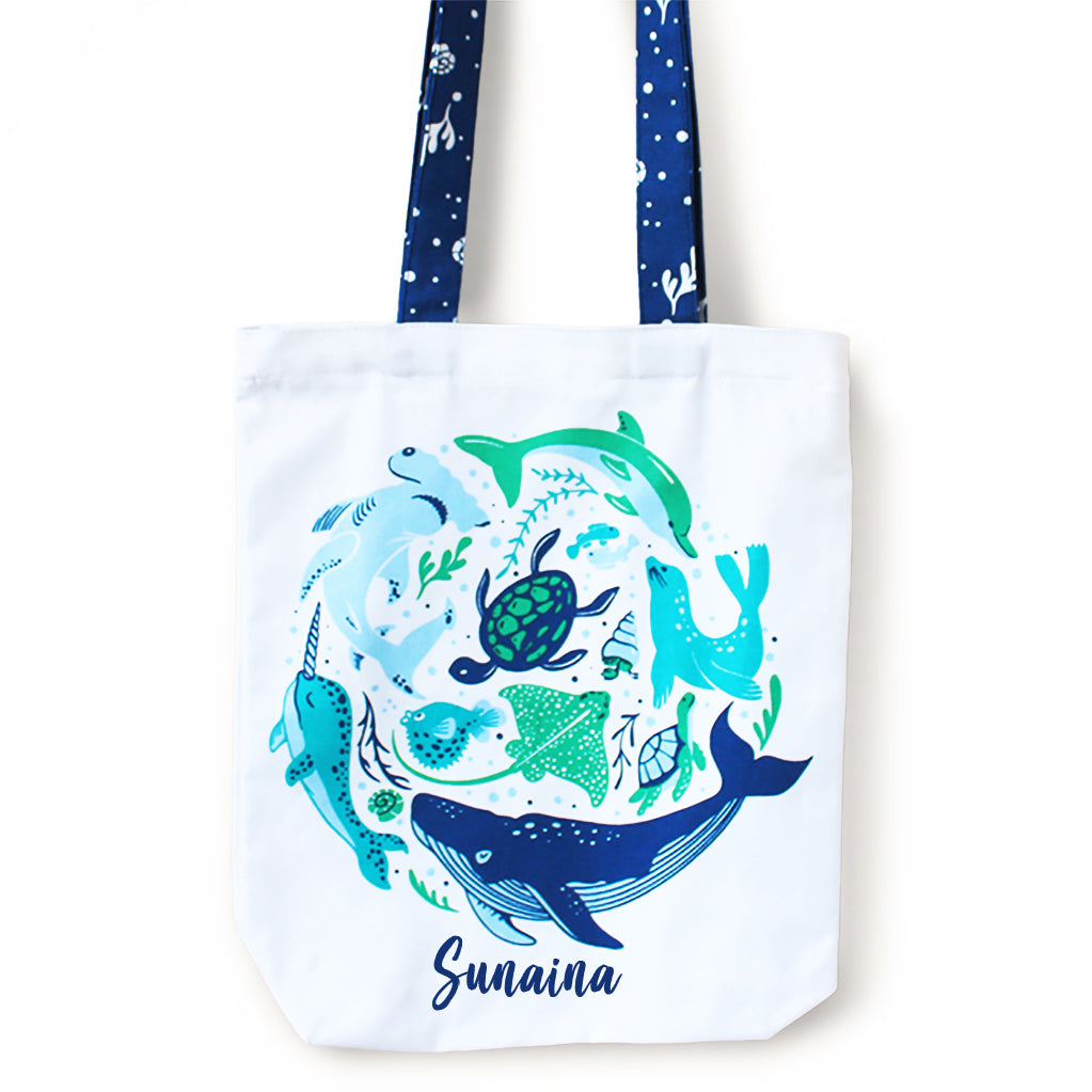 Reusable Eco Friendly Canvas Tote Bag with Zippered Closure Front Back Illustrations - Save The Seas