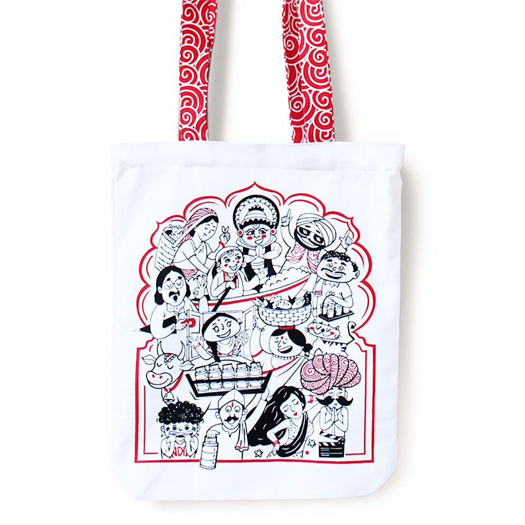 Reusable Eco Friendly Canvas Tote Bag with Zippered Closure Front Back Illustrations - Made in Bharat