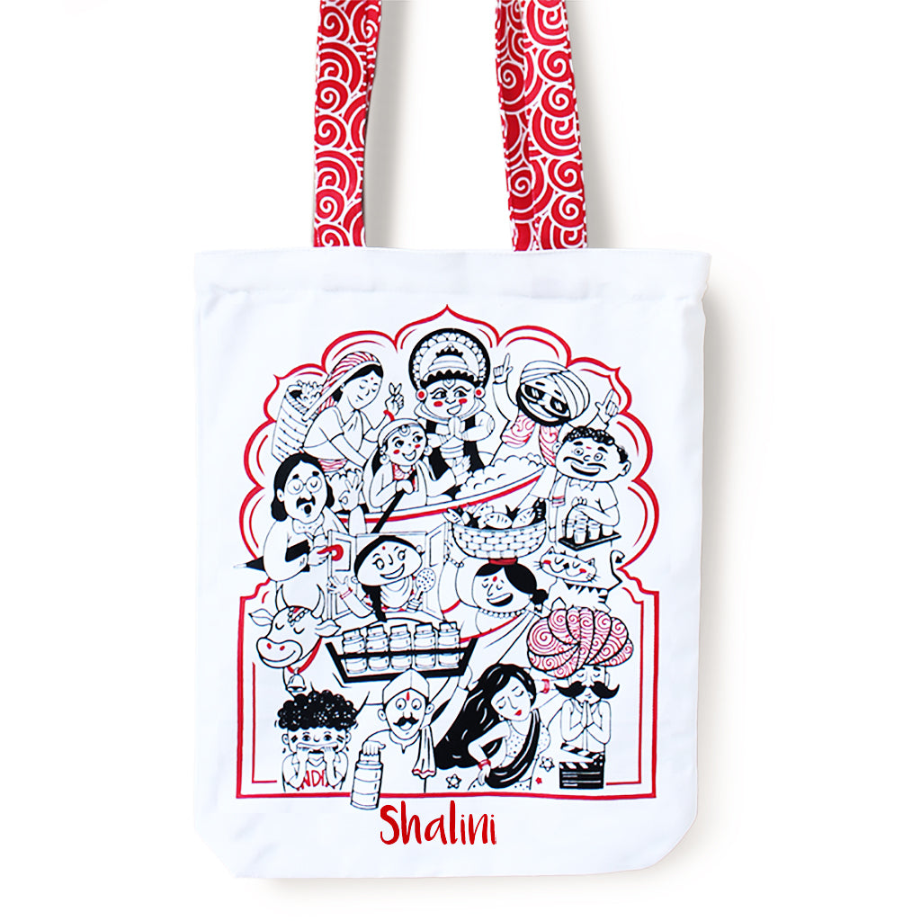 Reusable Eco Friendly Canvas Tote Bag with Zippered Closure Front Back Illustrations - Made in Bharat