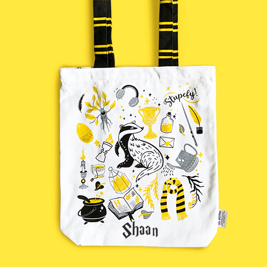 Reusable Eco Friendly Canvas Tote Bag with Zippered Closure Front Back Illustrations - Official Harry Potter - Hufflepuff