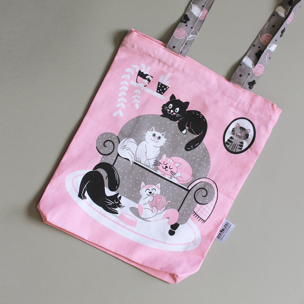 Cotton Canvas Tote Bag With Zippered Closure Reusable Shopping Multipurpose Bags With Front Back Illustrations - Cosy Cats