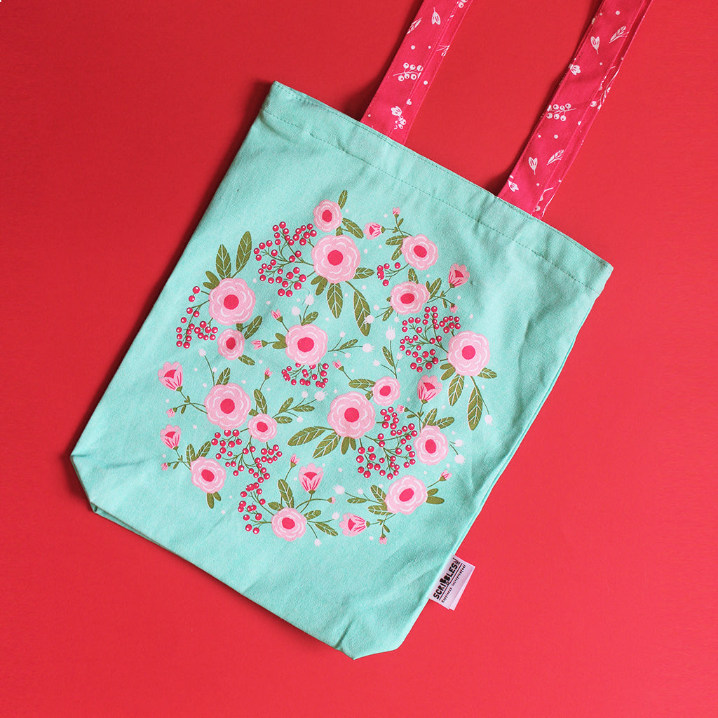 Canvas Tote Bag With Zippered Closure Reusable Shopping Multipurpose Bags With Front Back Illustrations - Spring Flower - Green