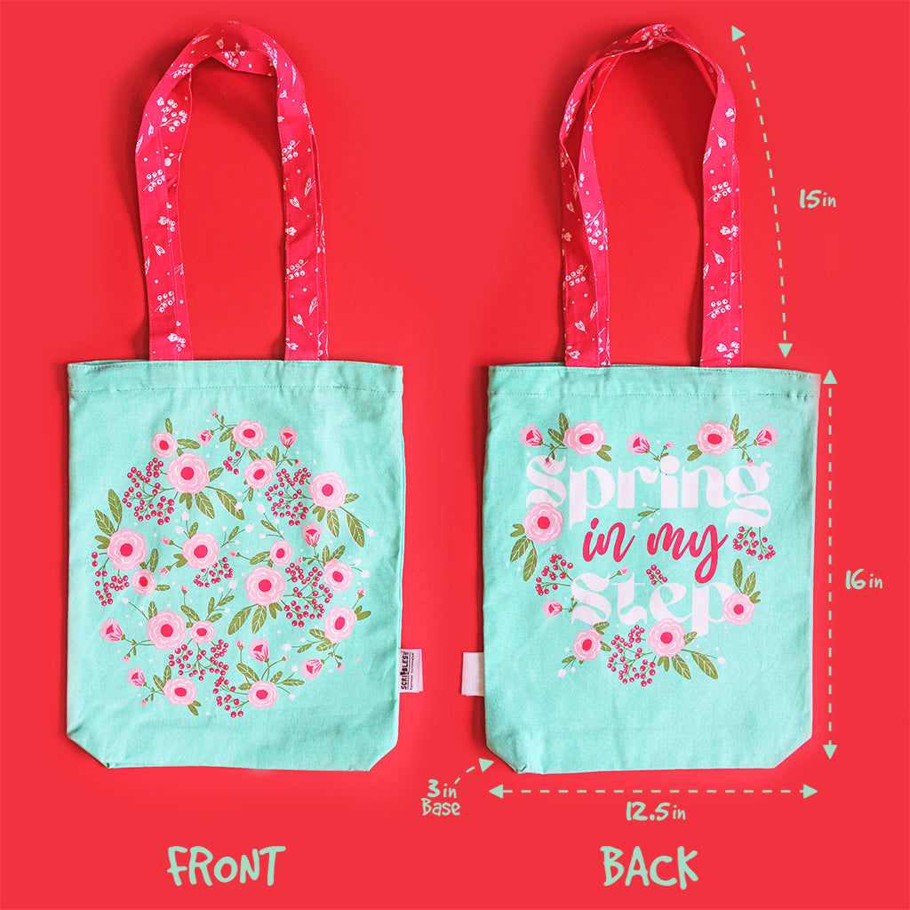 Canvas Tote Bag With Zippered Closure Reusable Shopping Multipurpose Bags With Front Back Illustrations - Spring Flower - Green