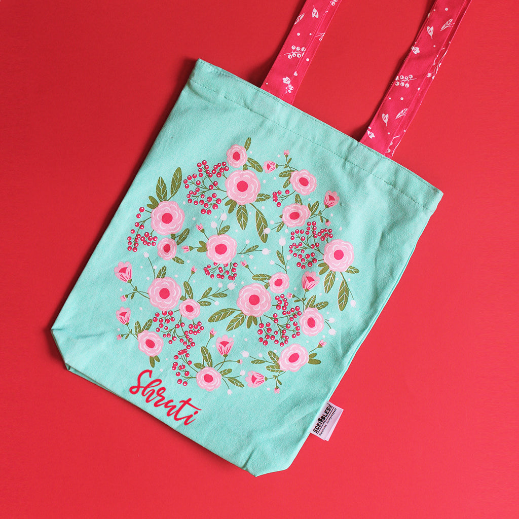 Canvas Tote Bag With Zippered Closure Reusable Shopping Multipurpose Bags With Front Back Illustrations - Spring Flower - Green