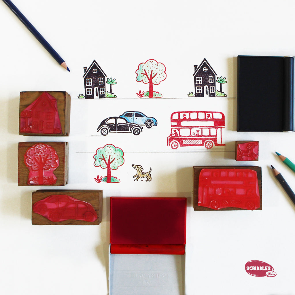 Wooden Stamp-A-Scene - On the Street (Red & Black Stamp Pad)