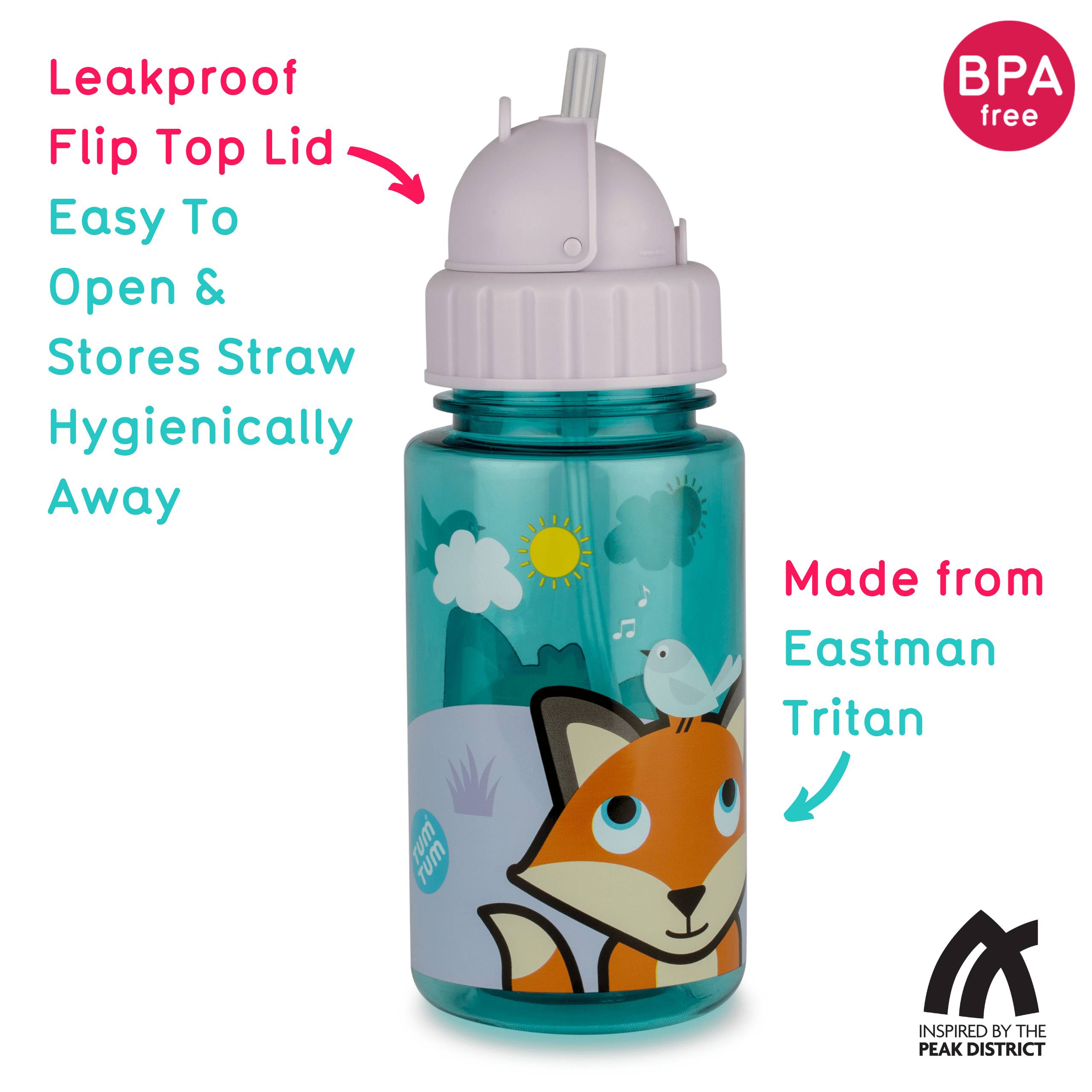 TUM TUM Flip Kids Water Bottle, 400ml, Felicity Fox