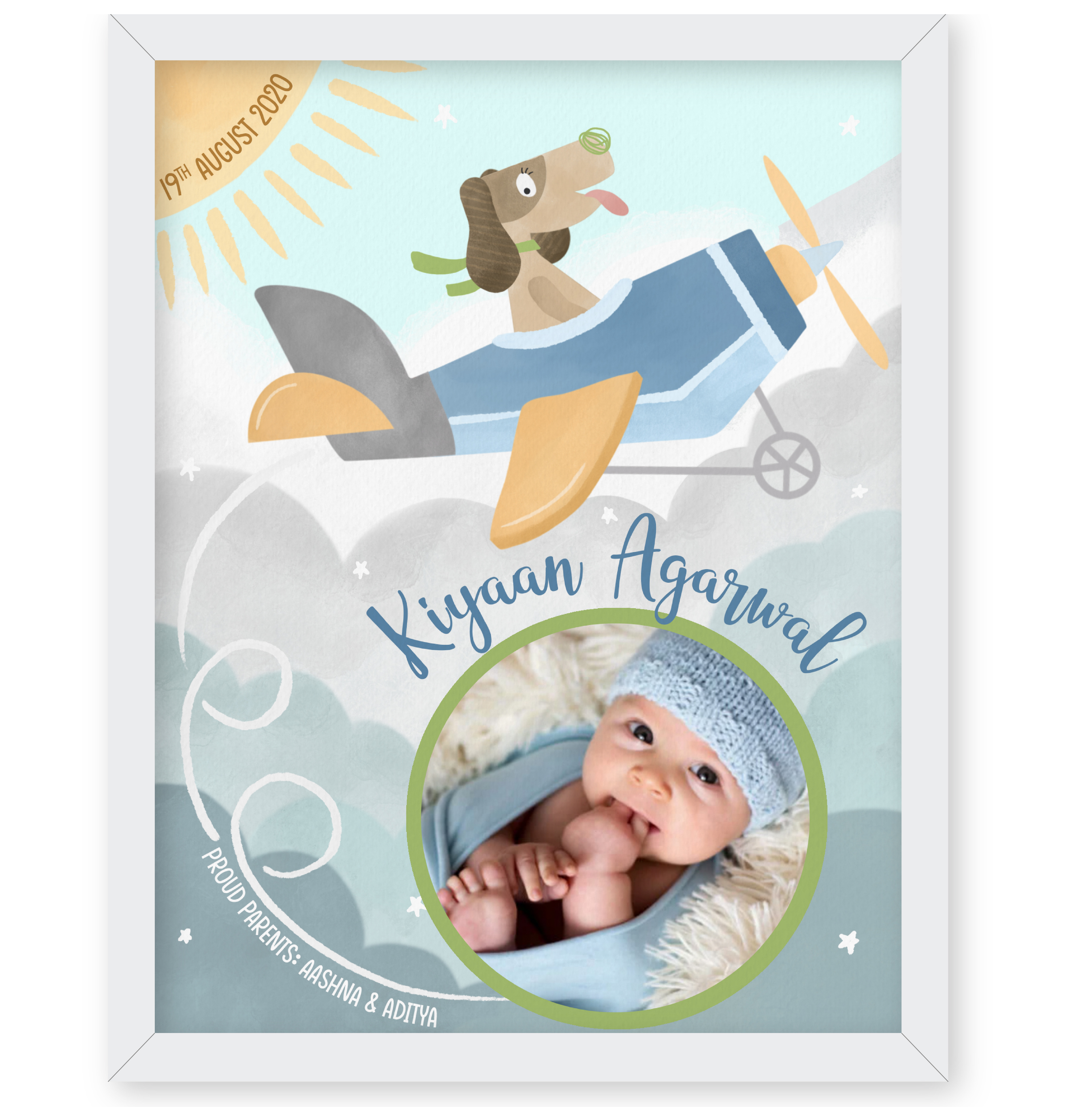 Illustrated Baby Boy Birth Detail Frame - Vintage Skies