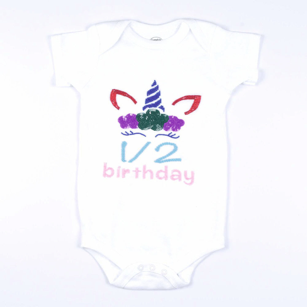 Half Birthday Unicorn Beaded Romper