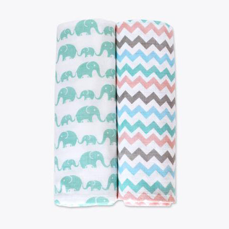 Masilo Organic Muslin Swaddles - Elephant Parade, Set of 2