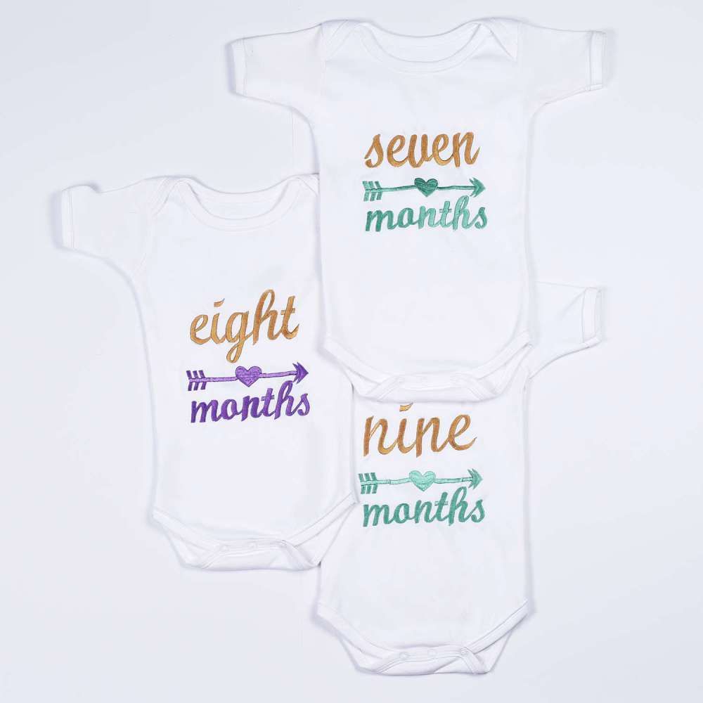 Hand Embroidered Milestone Romper Set of 12 - Cupid