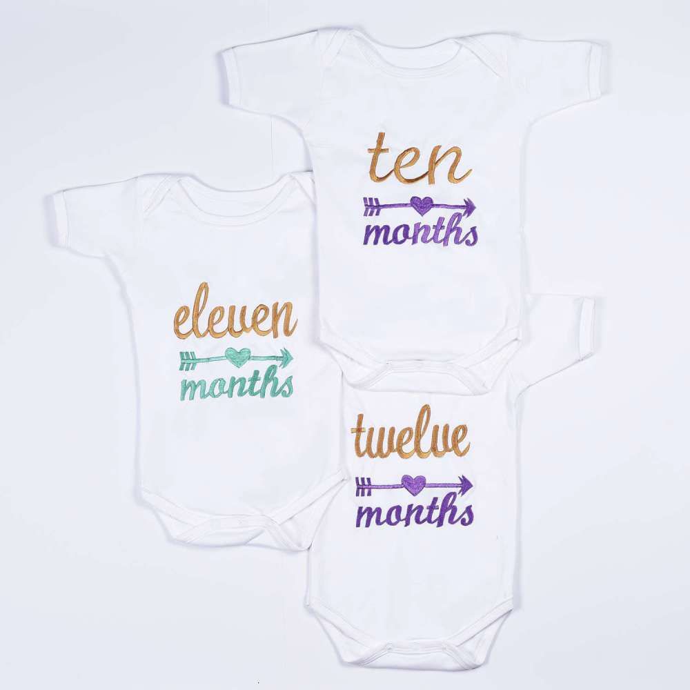 Hand Embroidered Milestone Romper Set of 12 - Cupid