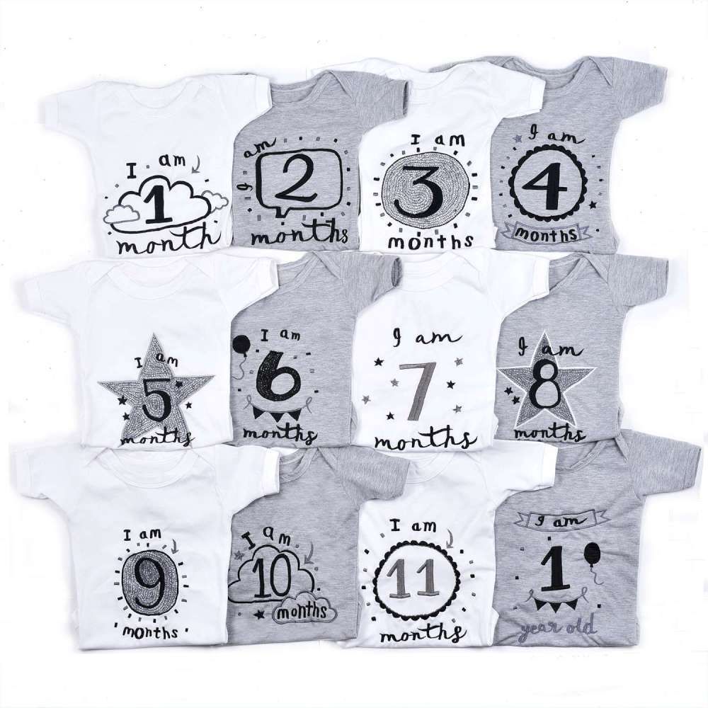 Hand Embroidered Milestone Romper Set of 12 - Monochrome