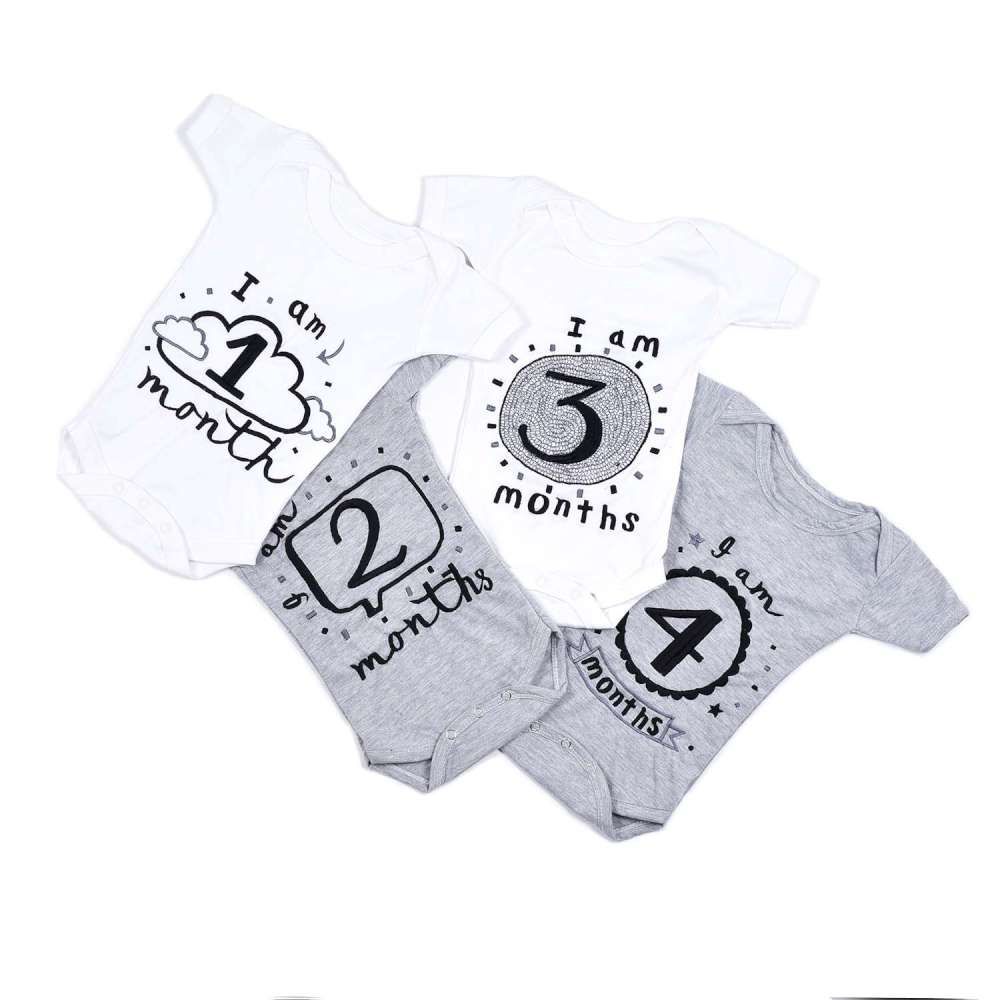 Hand Embroidered Milestone Romper Set of 12 - Monochrome